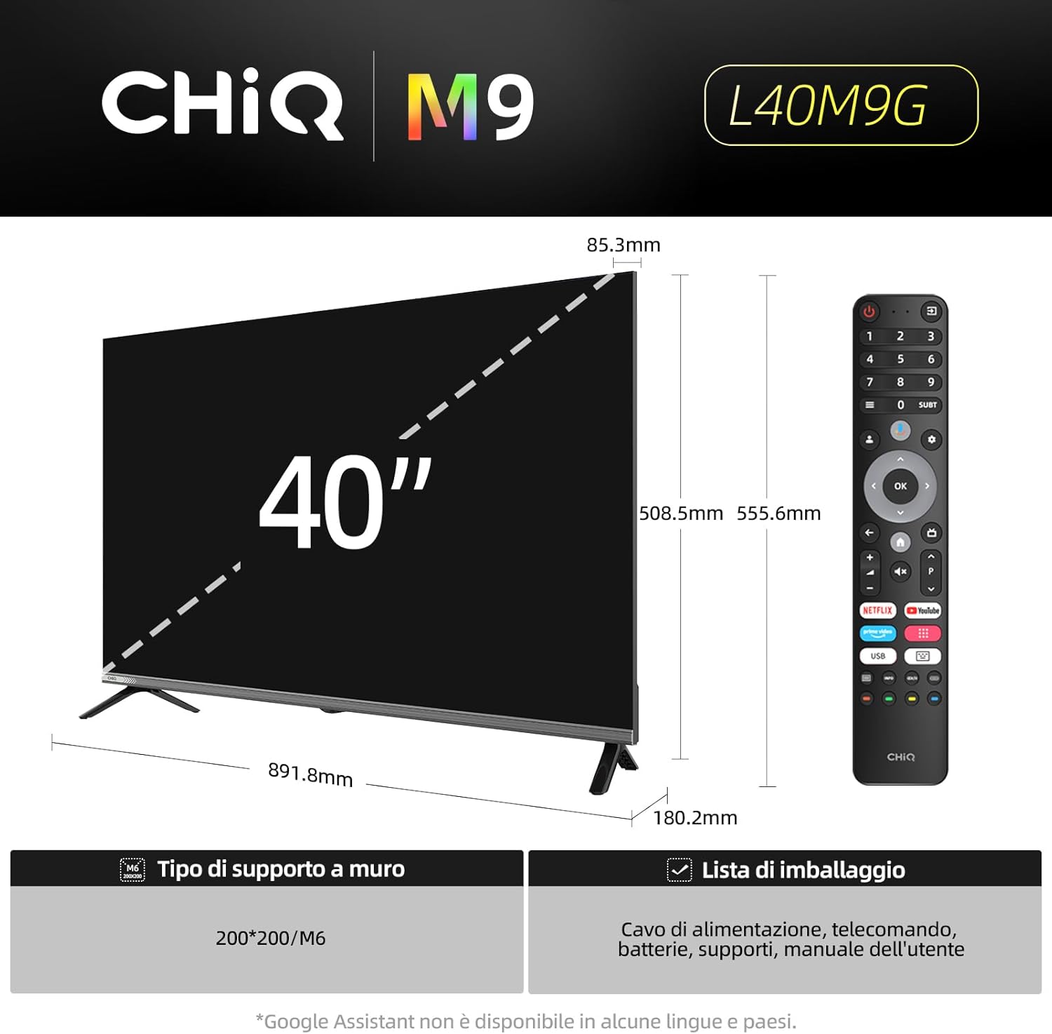 CHiQ TV 40 Inch (100cm) L40M9G, Smart TV, FHD, Google TV, HDR10, DVB-T2, Dolby Audio, Built-in Chromecast, HDMI*3, Frameless in Metal 2025