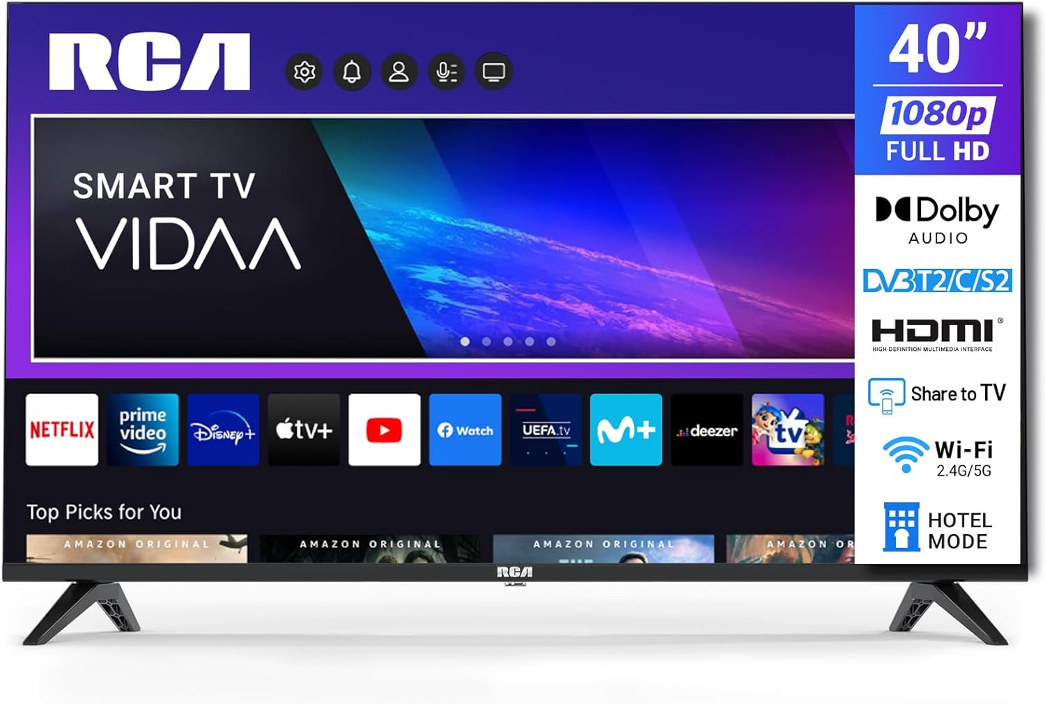 RCA Smart TV 40 Inch VIDAA Full HD Triple Tuner DVB-T/T2-C-S/S2, Wi-Fi, HDMI, USB, CI/CI+, Hotel Mode (VRS40FQ1, 2024)