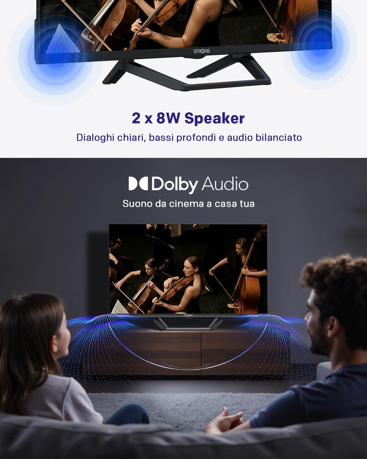 Strong SRT32HG4723C 32'' TV HD - DVB-S2/C/T2, 12V ideal for camper, Kitchen, bedroom, boat, 2 HDMI ports (1 ARC) + 1 USB port + Mini-AV + Input antenna/satellite - Black