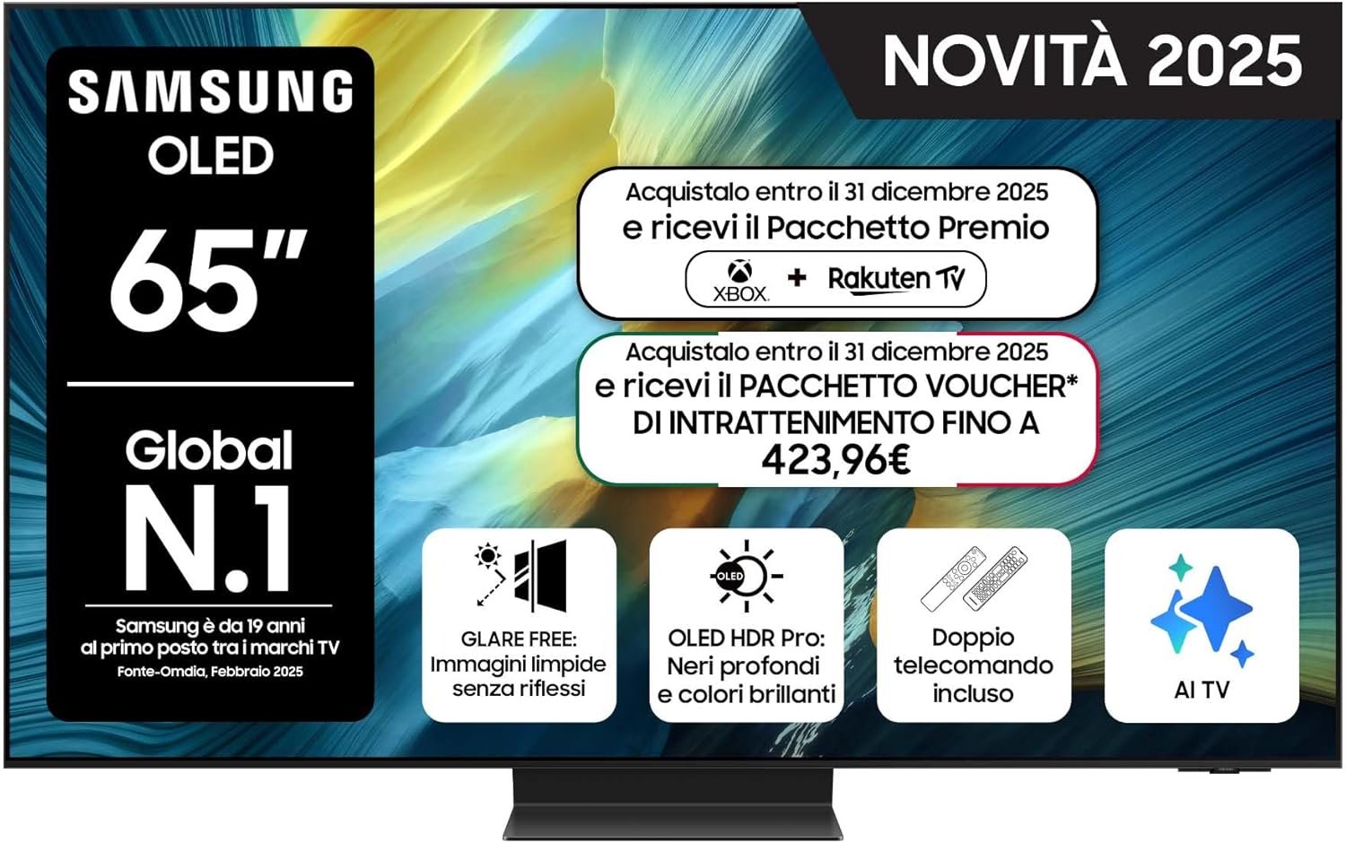 OLED 4K Vision AI Smart TV 65'' QE65S95FAEXZT, NQ4 AI Gen4 Processor, 4K AI Upscaling, Glare Free, Dolby Atmos & OTS+, Infinity One Design, PACCHETTO INTRATTENIMENTO, 2025