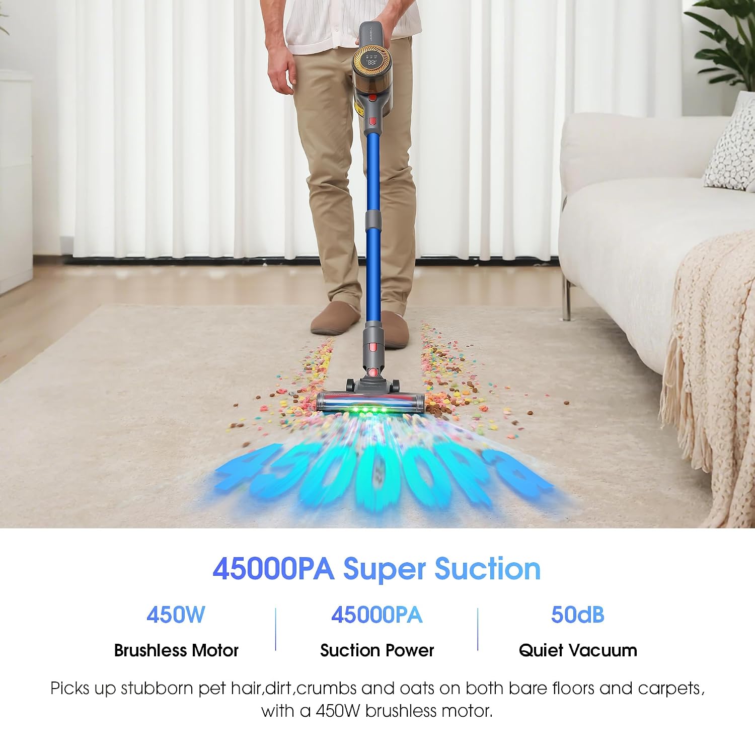 Stick Vacuum Cleaner 45Kpa 450W 60Min Runtime Anti-Tangle Silver