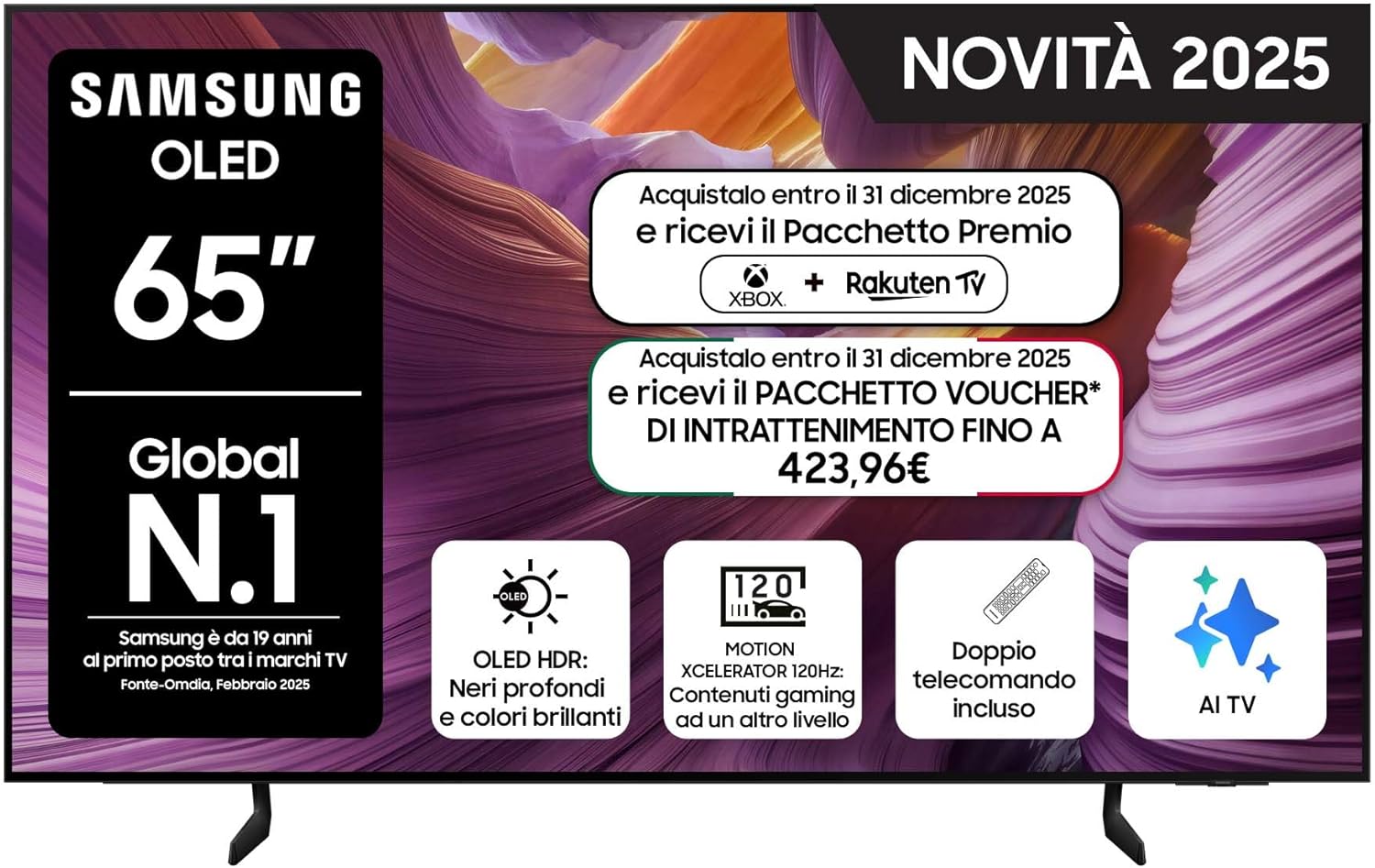 OLED 4K Vision AI Smart TV 65'' QE65S85FAEXZT, NQ4 AI Gen2 Processor, 4K AI Upscaling, Glare Free, Dolby Atmos & OTS Lite, Contour Design, PACCHETTO INTRATTENIMENTO, 2025