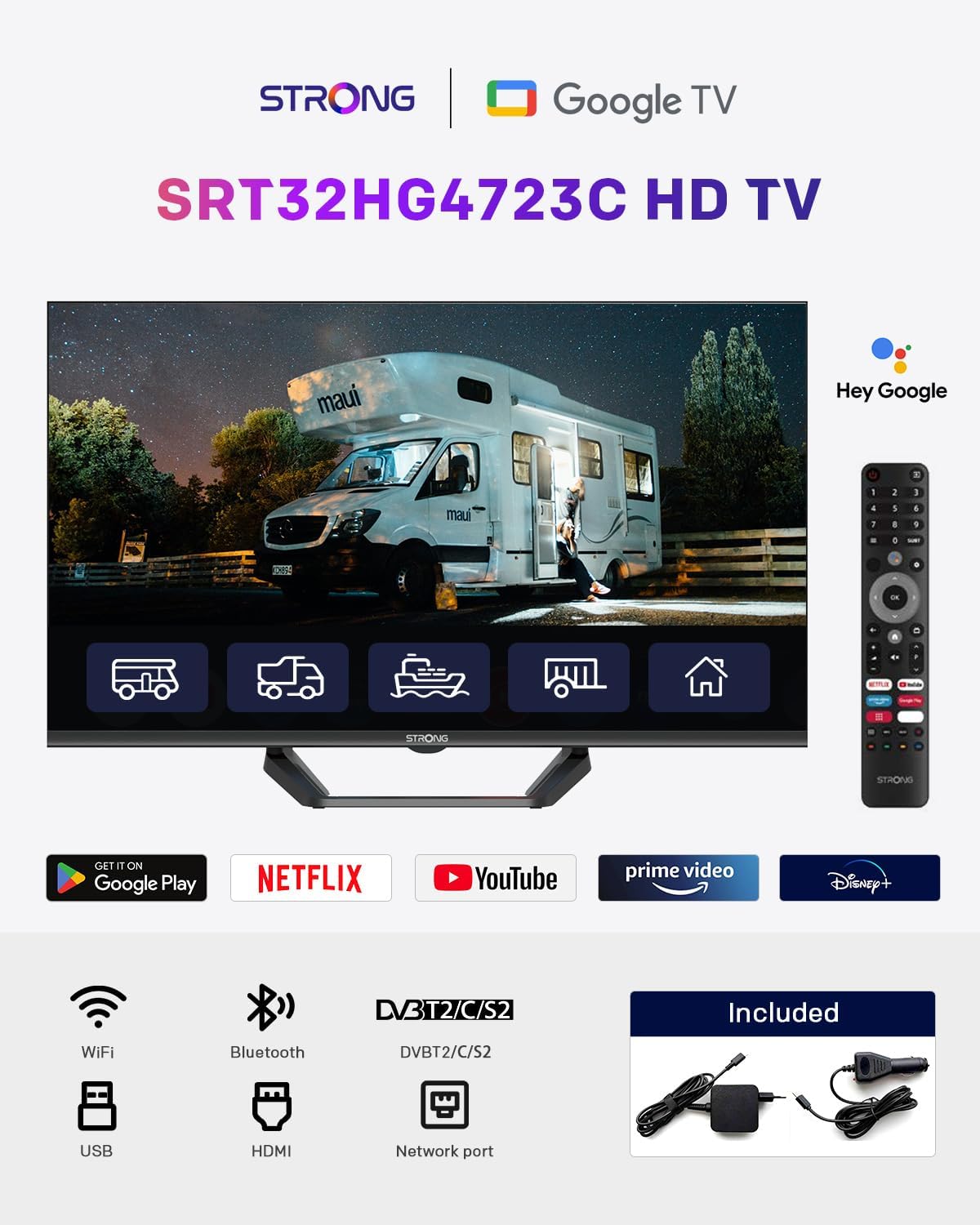 Strong SRT32HG4723C 32'' TV HD - DVB-S2/C/T2, 12V ideal for camper, Kitchen, bedroom, boat, 2 HDMI ports (1 ARC) + 1 USB port + Mini-AV + Input antenna/satellite - Black