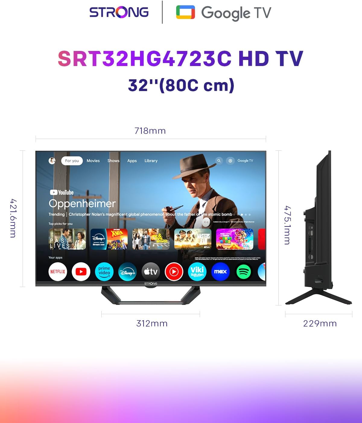 Strong SRT32HG4723C 32'' TV HD - DVB-S2/C/T2, 12V ideal for camper, Kitchen, bedroom, boat, 2 HDMI ports (1 ARC) + 1 USB port + Mini-AV + Input antenna/satellite - Black